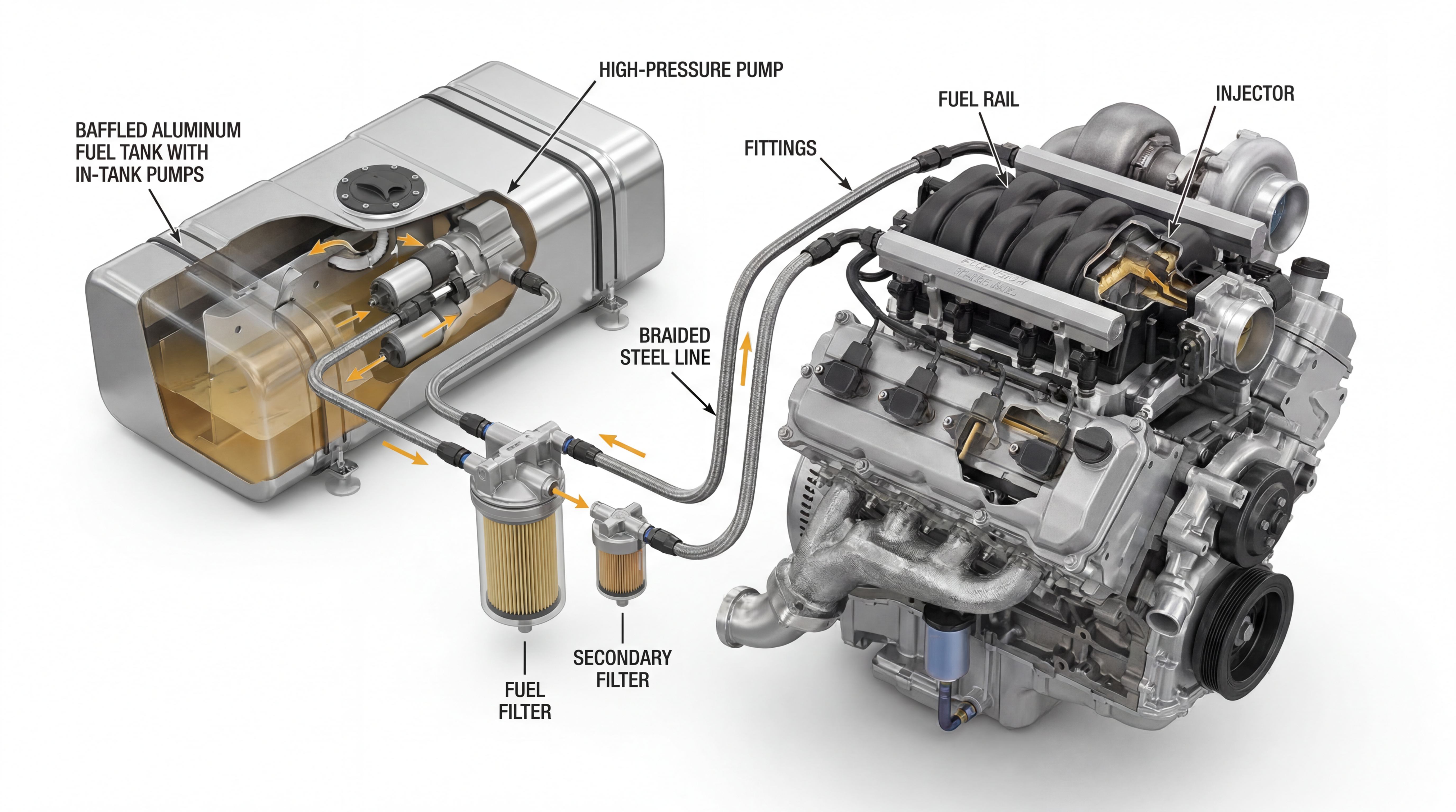 High-pressure fuel line system showing fuel tank, in-tank pumps, filters, braided steel lines, fuel rail and injectors